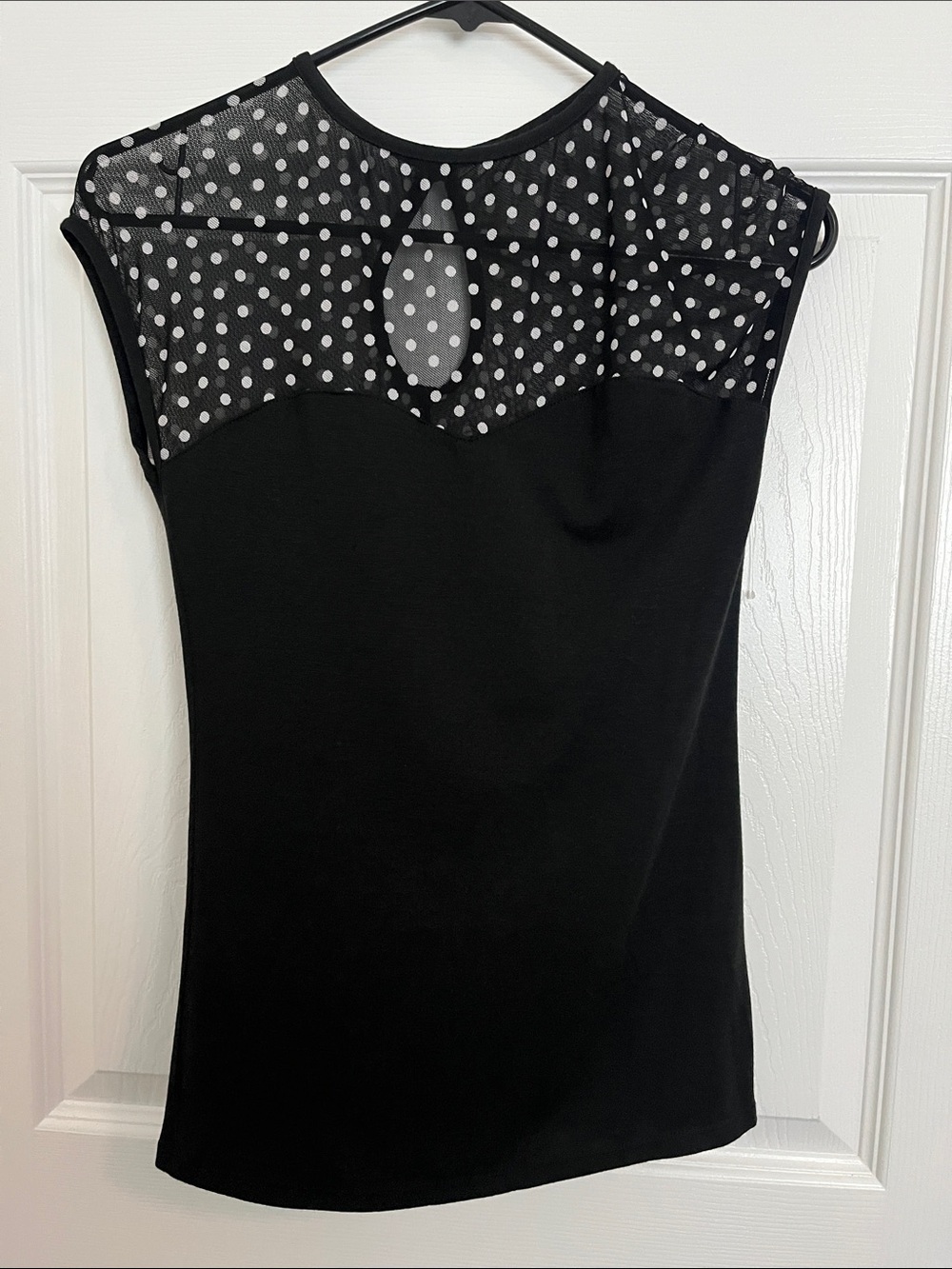 Women's Black Polka Dot Mesh Cap-Sleeve Blouse